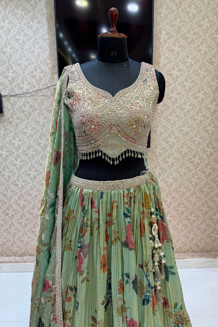 Pista Green Beads, Stone, Mirror and Zari Thread work with Floral Print Crop Top Lehenga