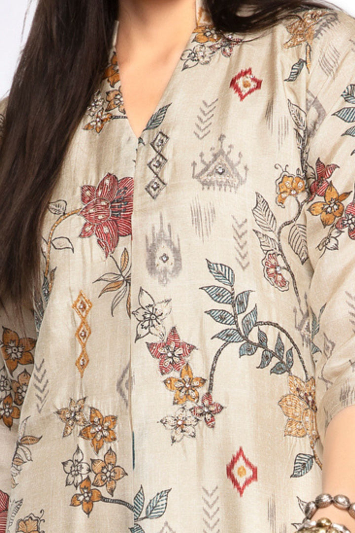 Beige Zari, Zardozi, Beads and Sequins work with Floral Print A-line Cut Calf Length Kurti