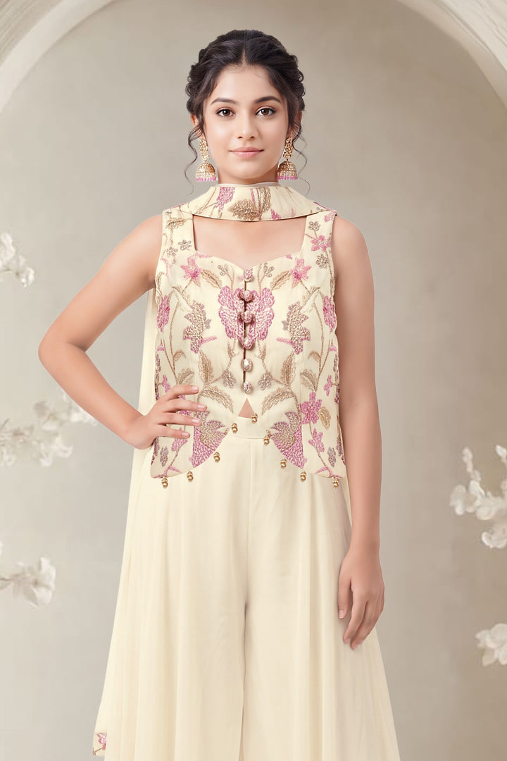Beige Palazzo Salwar Suit with Beads, Sequins, Stone and Embroidery Detailing