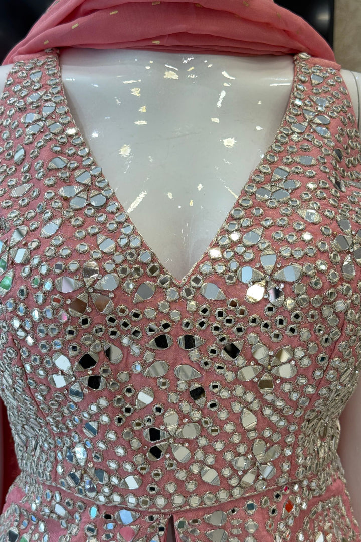 Pink Mirror, Zari and Stone work Top with Palazzo Pant Set