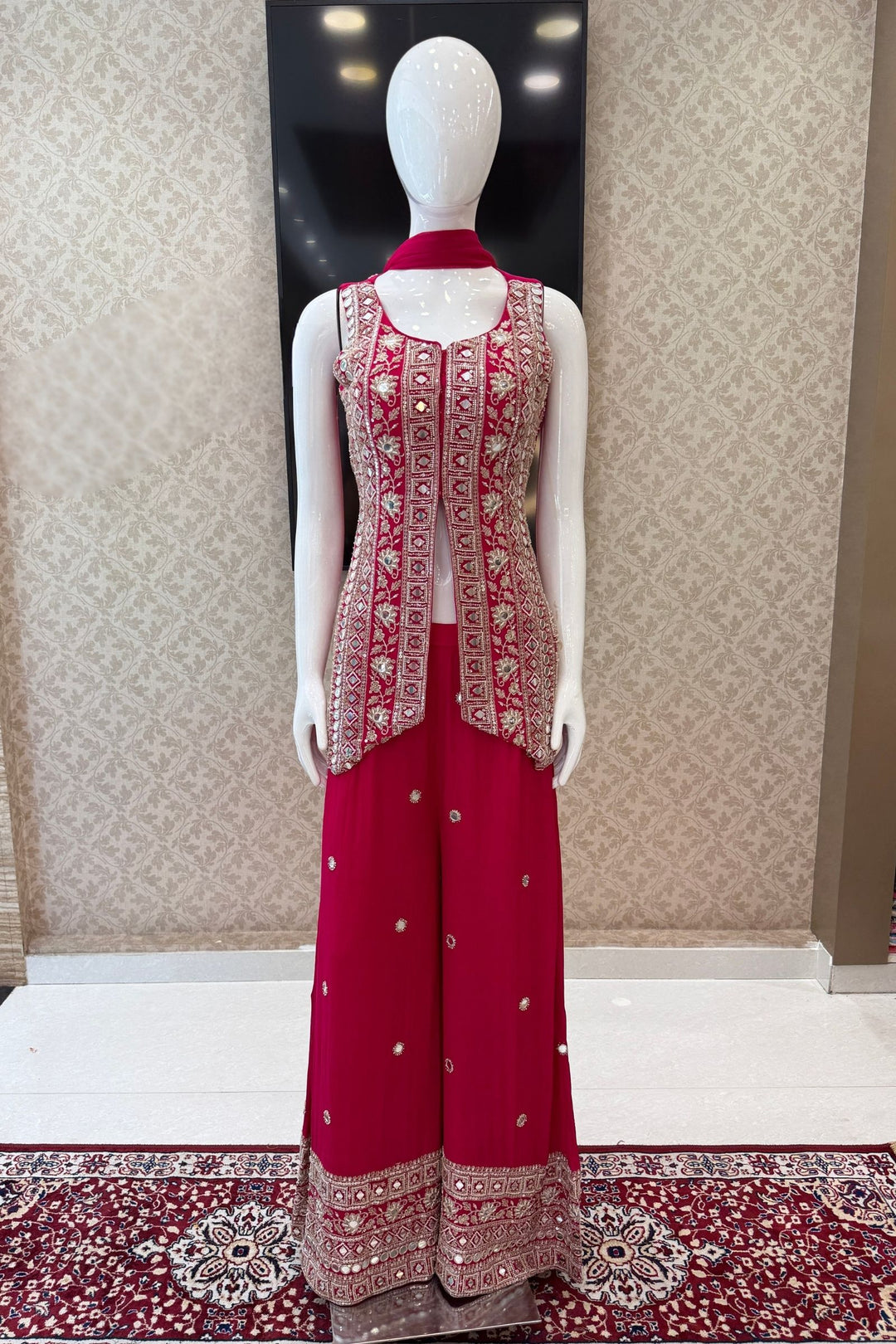 Rani Pink Mirror, Beads, Sequins and Zari work Palazzo Salwar Suit