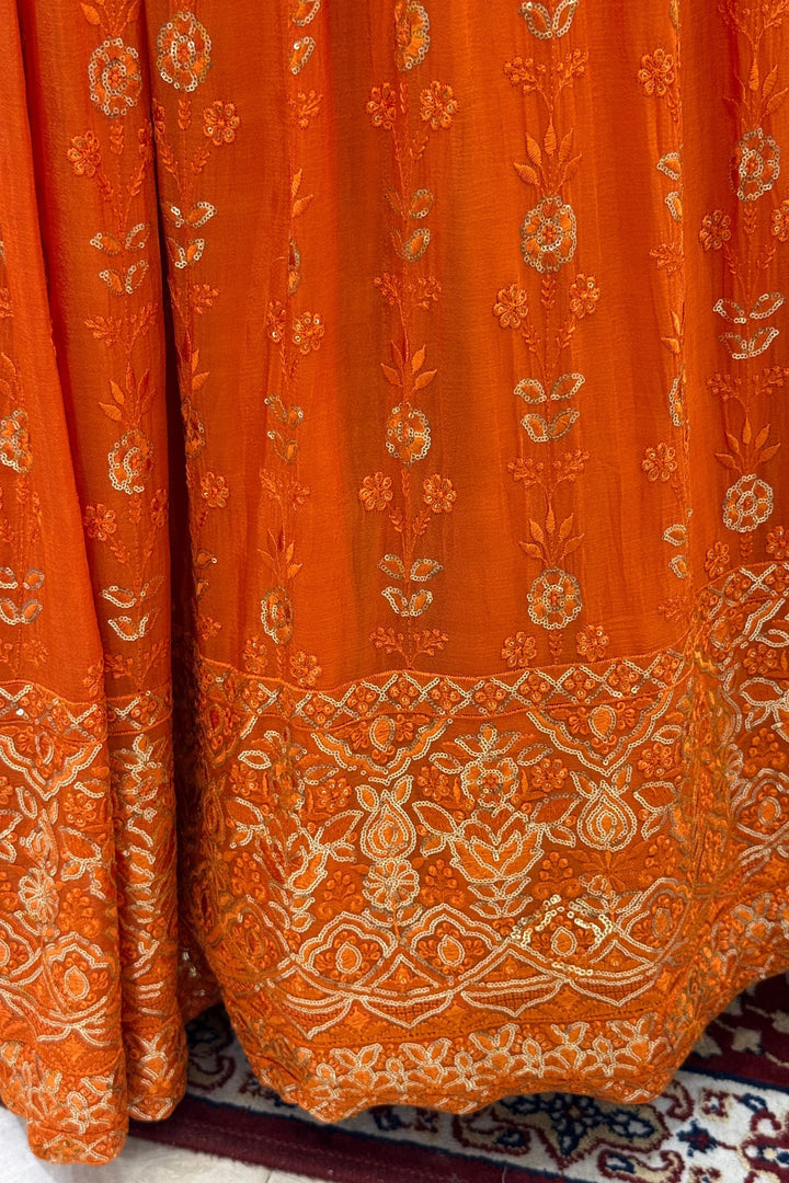 Orange Zardozi, Beads, Mirror, Stone, Zari and Beads work Peplum Style Lehenga
