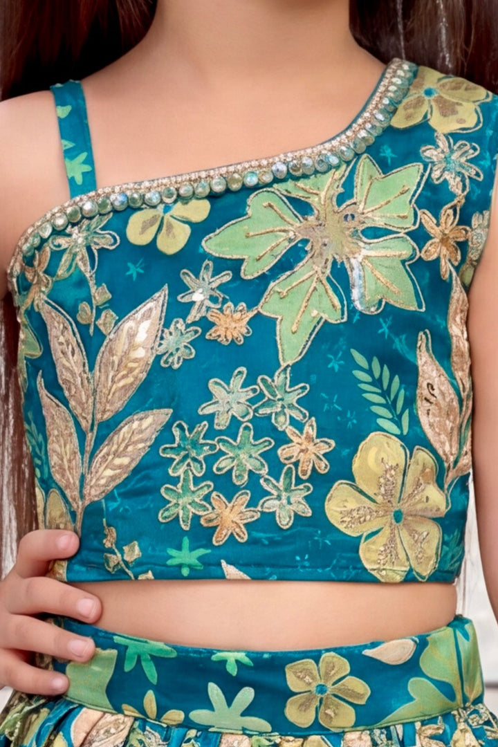 Rama Blue Sequins, Stone and Zari work with Floral Print Lehenga Choli for Girls