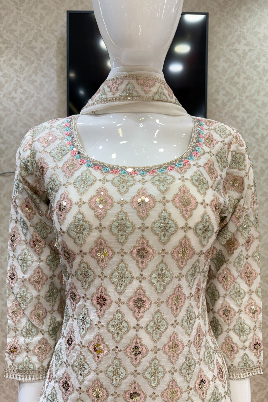 Cream Multicolor Thread, Zari, Sequins, Mirror, Stone and Zardozi work Sharara Salwar Suit