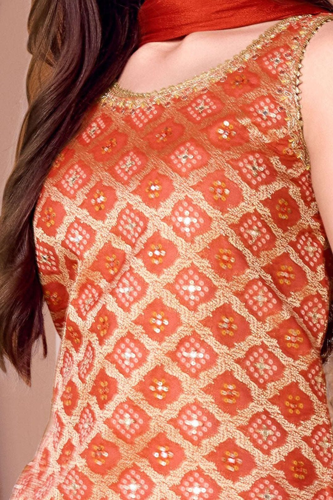 Brick Red Zari, Sequins, Zardozi and Beads work Palazzo Suit Set for Girls