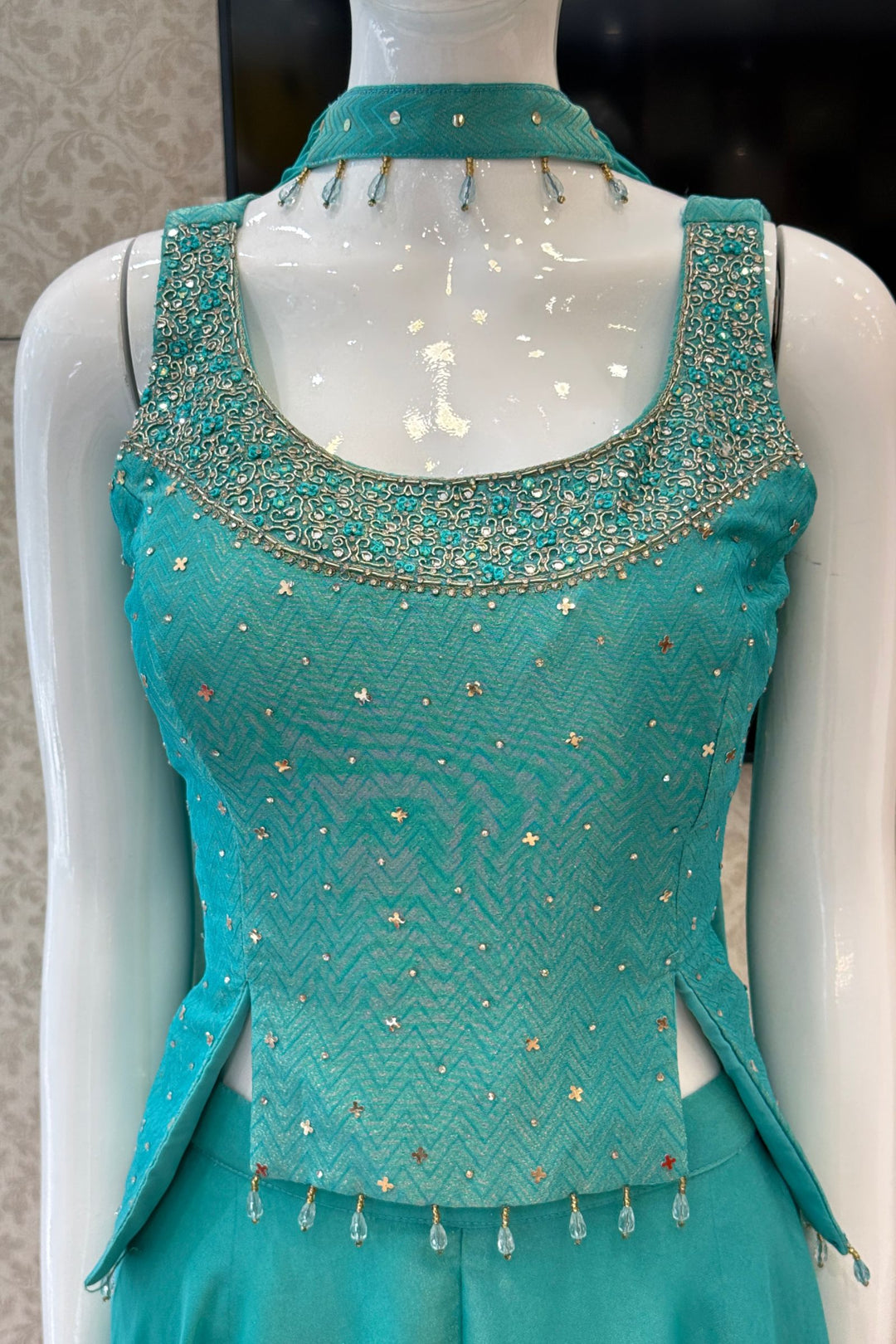 Rama Green Zardozi, Stone and Beads work Palazzo Suit Set