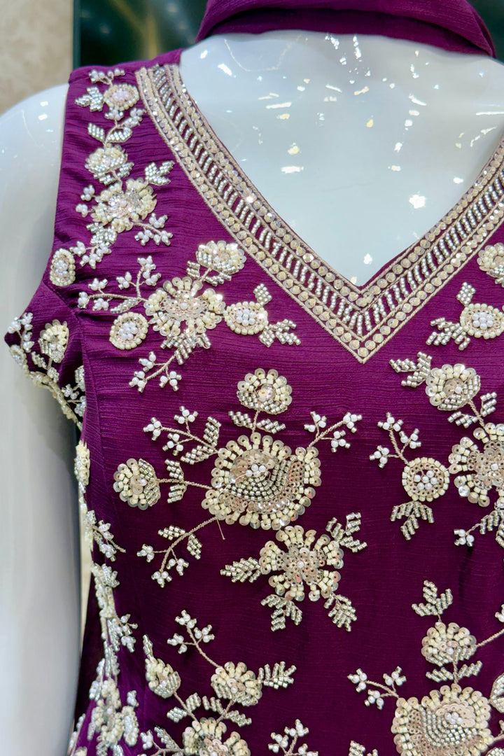 Wine Beads, Zari and Sequins work Palazzo Salwar Suit