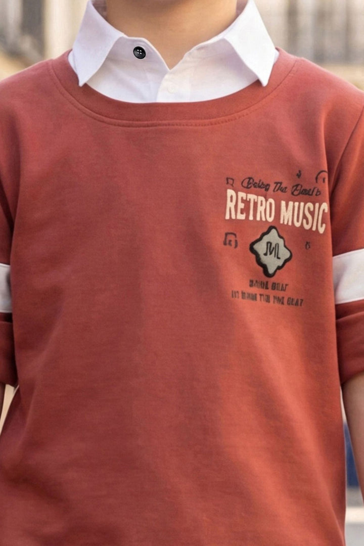 Rust T-Shirt and Beige Pant Set for Boys with Belt