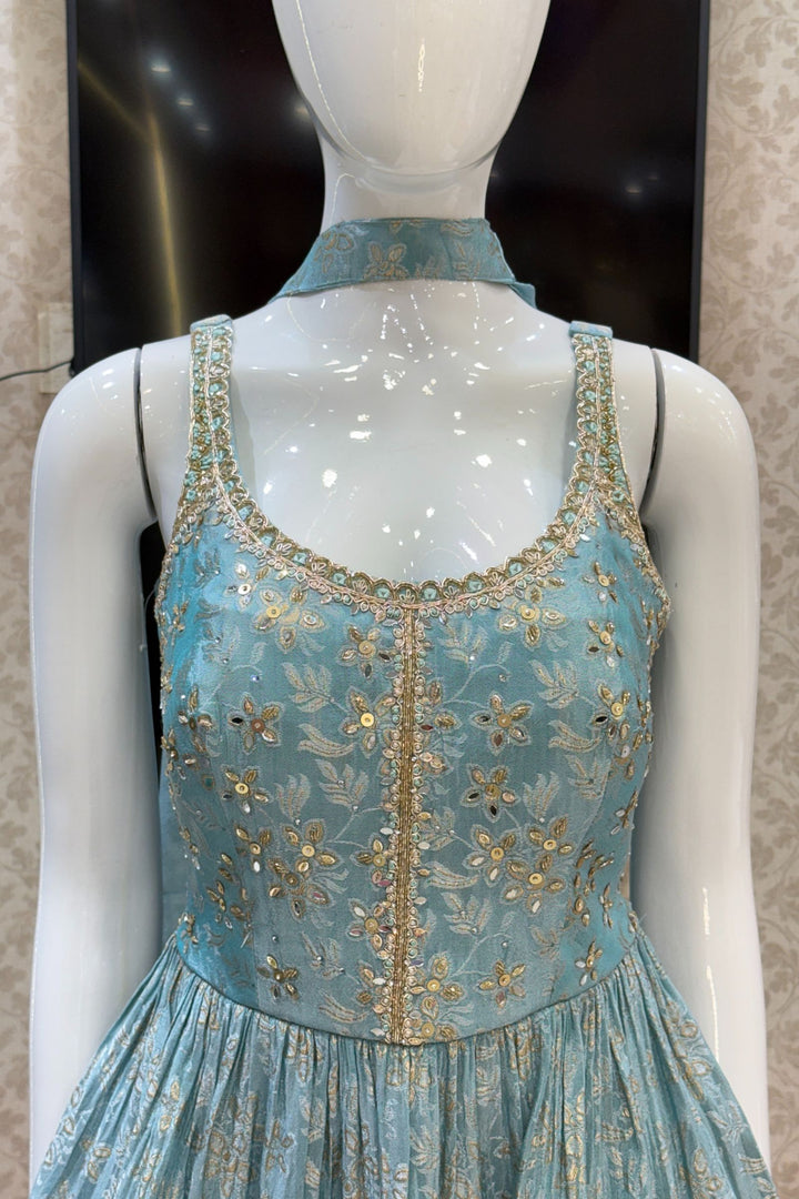 Sky Blue Banaras, Stone, Sequins, Beads and Zardozi work Peplum Top with Palazzo Suit Set