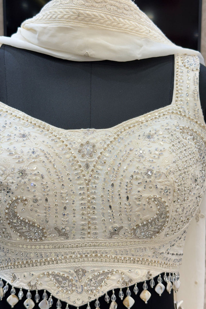 Cream Stone, Pearls, Zari, Sequins, Mirror, Beads and Embroidery work Crop Top Lehenga