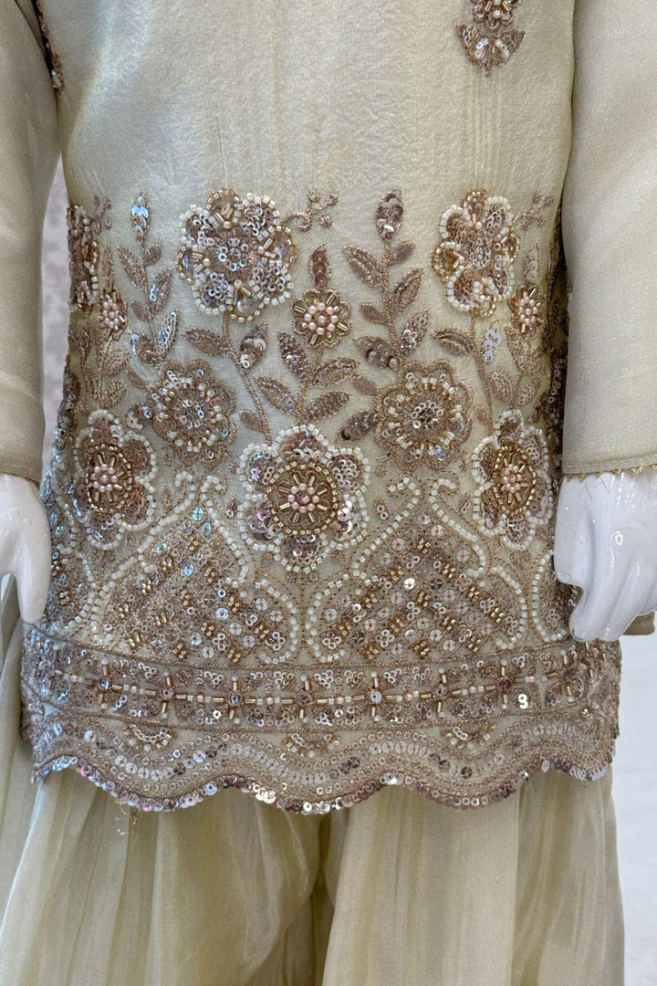 Cream Beads, Sequins, Zari, Zardozi and Mirror work Palazzo Suit Set for Girls