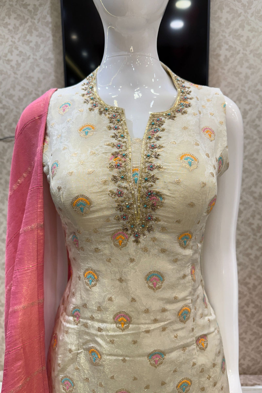 Beige Multicolor Embroidery, Zari, Zardozi and Sequins work Palazzo Salwar Suit