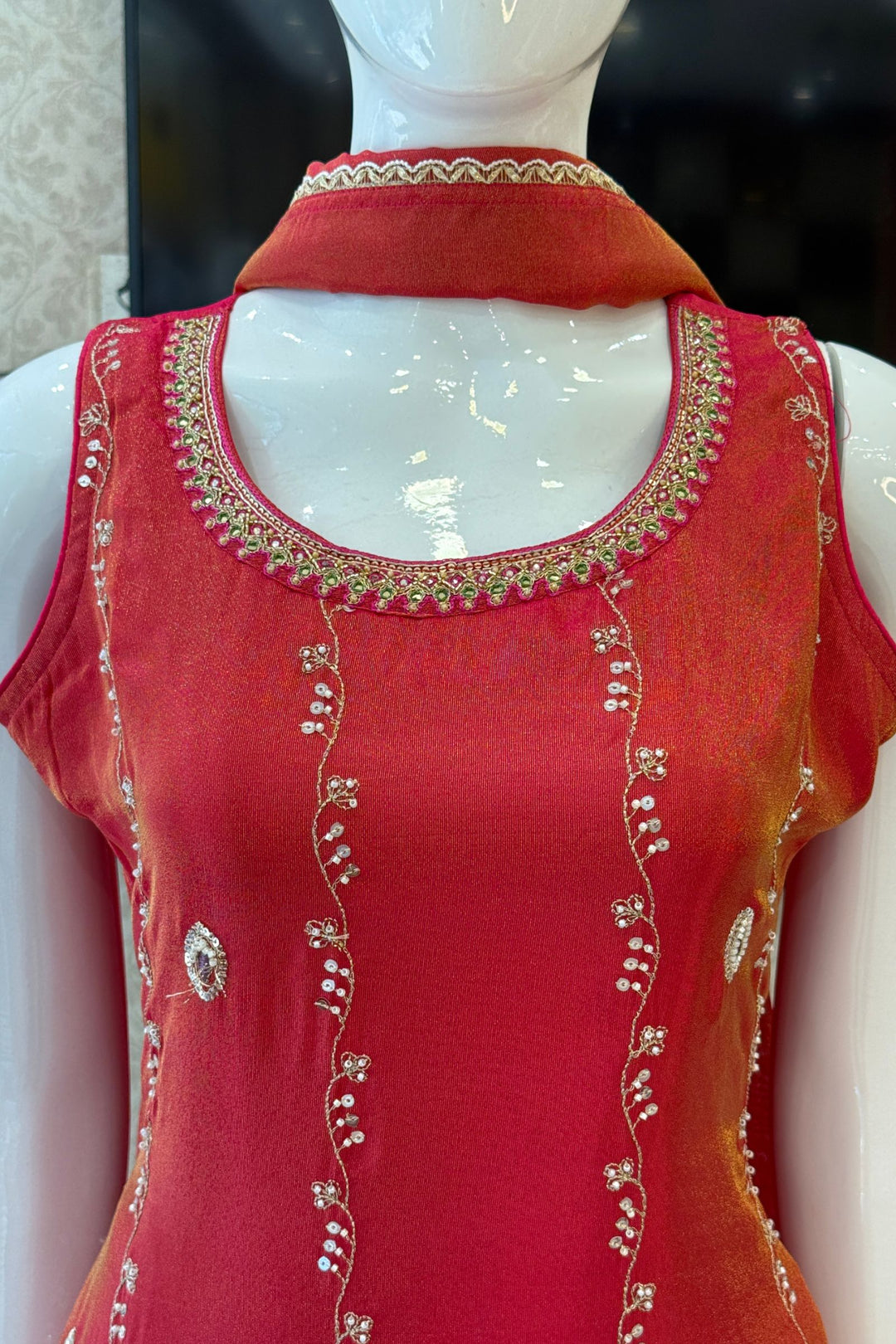 Rani Pink Zari, Stone, Sequins and Thread work Straight Cut Salwar Suit