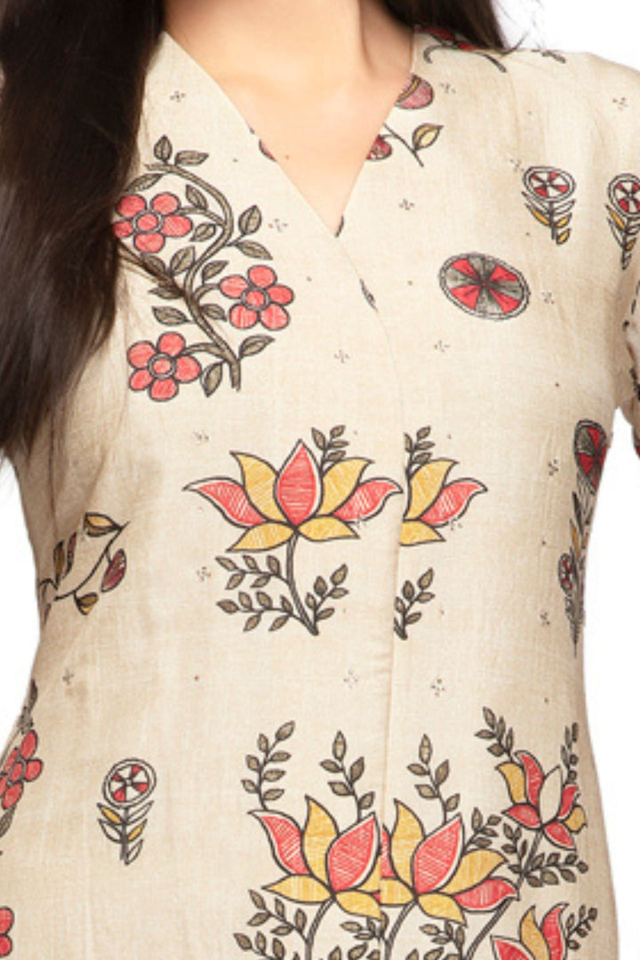 Beige Stone work with Floral Print Calf Length Kurti
