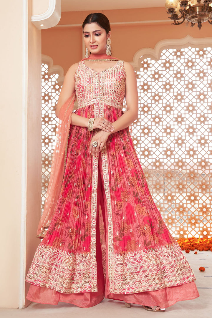 Peach Sequins and Thread work with Digital Print Salwar Suit with Palazzo Pants