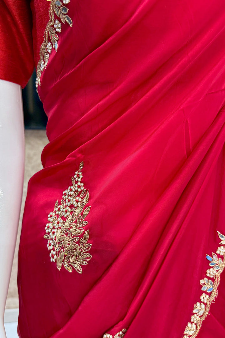 Red Mirror, Pearl, Zardozi, Stone and Beads work Saree