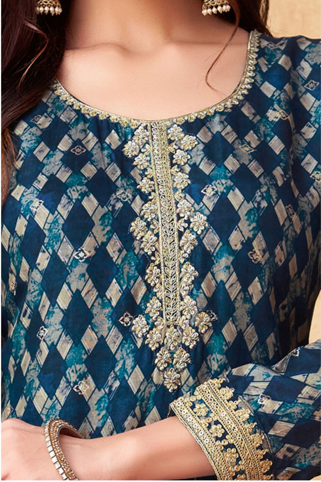 Indigo Blue Zardozi, Sequins and Thread work with Digital Print Straight Cut Salwar Suit