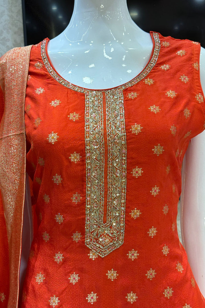 Orange Jacquard, Banaras Butta, Zardozi and Sequins work Straight Cut Salwar Suit