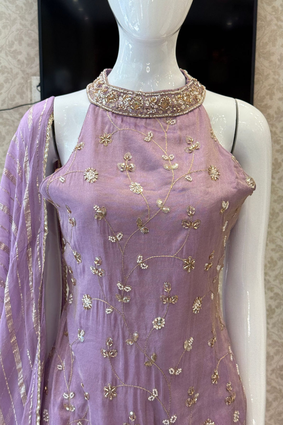 Lavender Zari, Sequins and Beads work Palazzo Salwar Suit