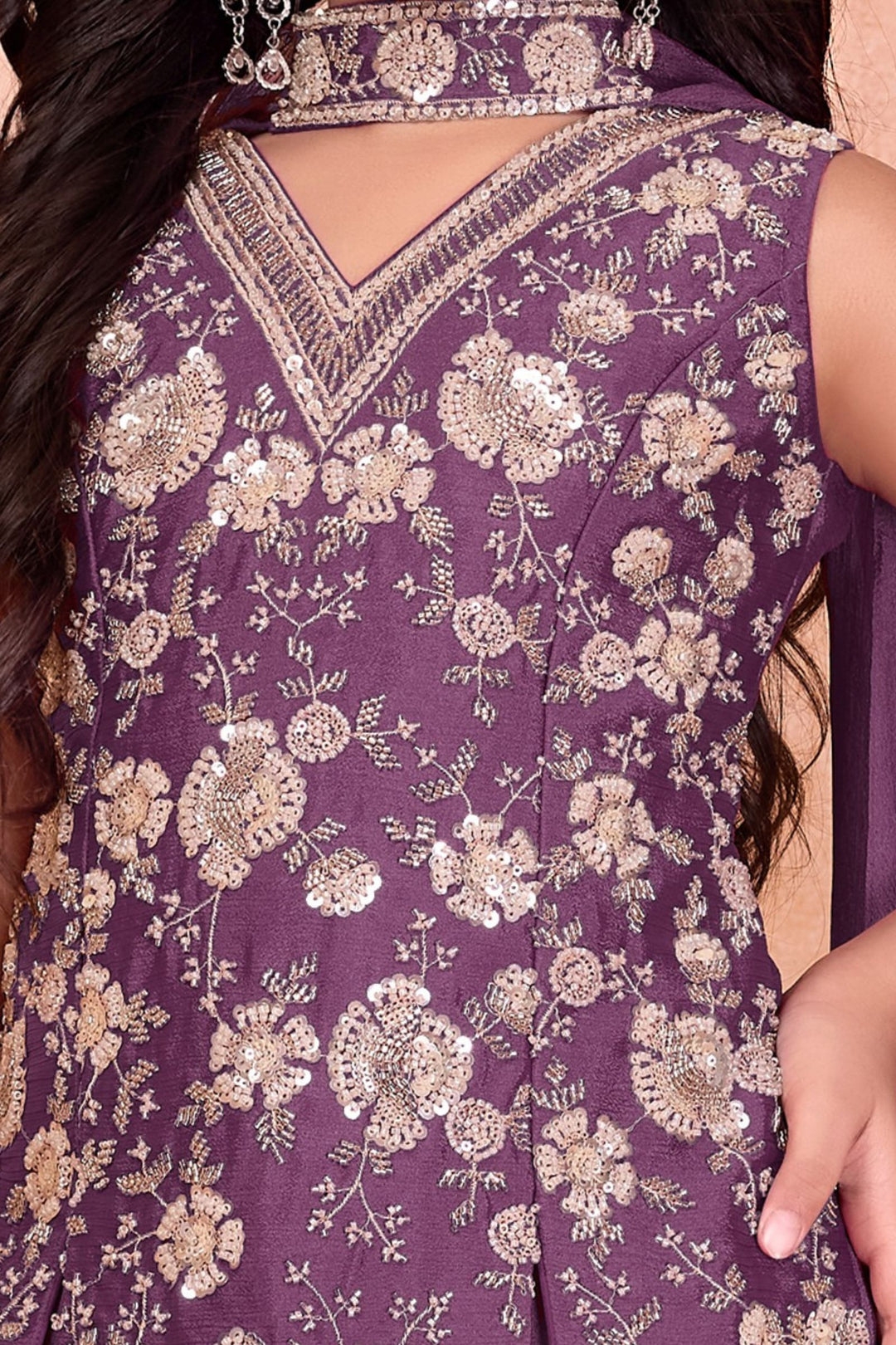 Purple Sequins, Beads and Thread work Palazzo Suit Set for Girls