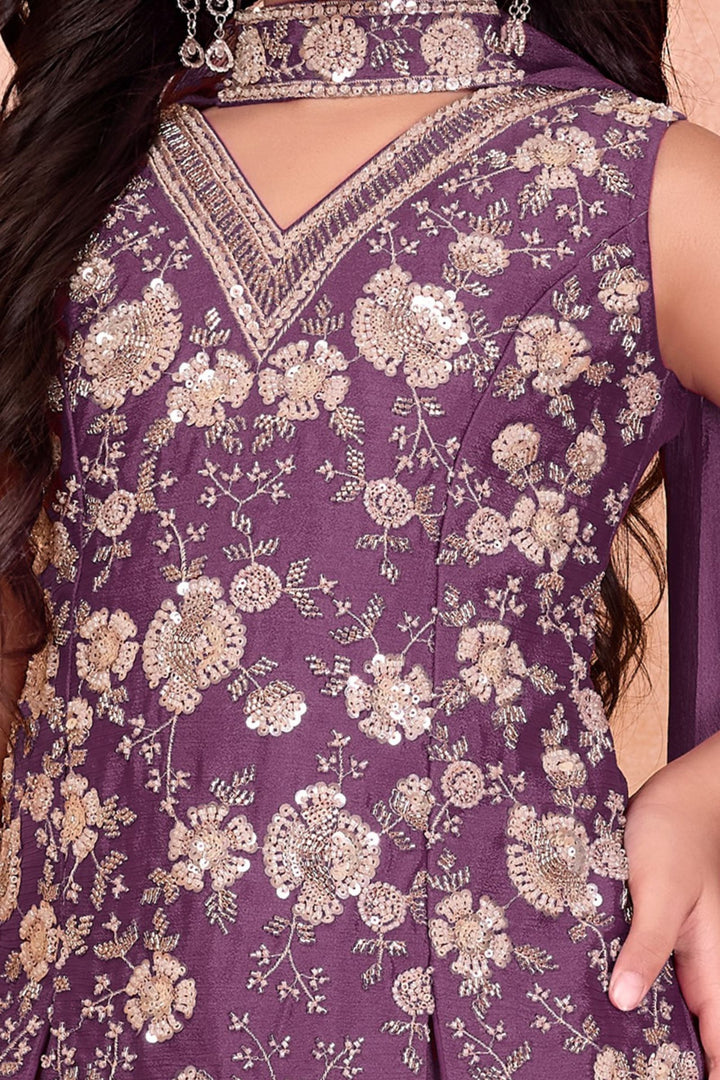 Purple Sequins, Beads and Thread work Palazzo Suit Set for Girls