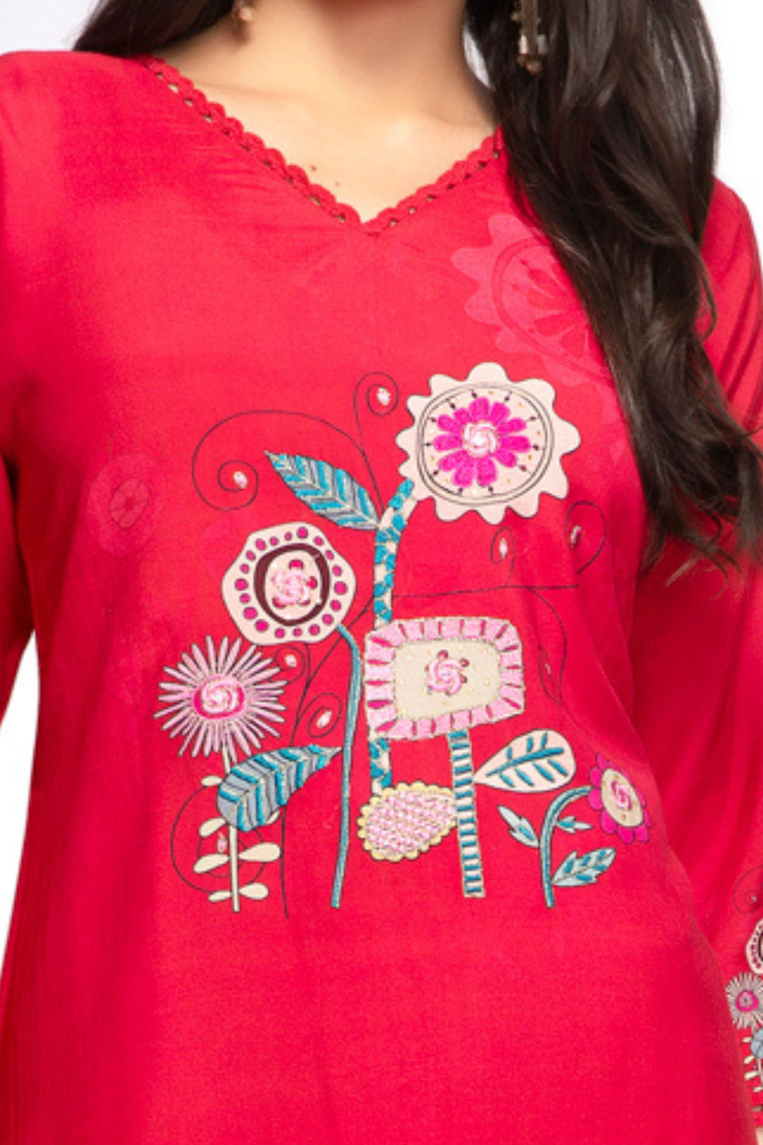 Tomato Red Mirror, Stone, Zari and Thread work with Digital Print Calf Length Kurti