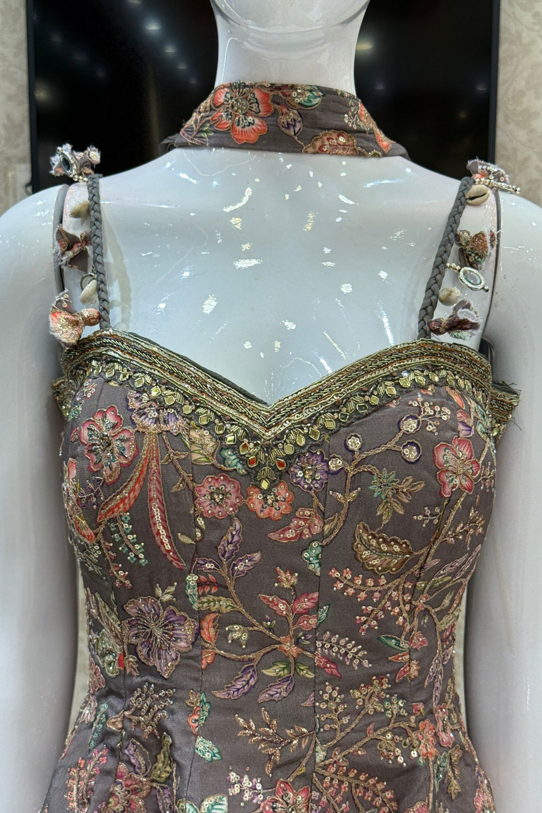 Grey Floral Print Peplum Top and Flared Palazzo Set with Zari and Beads work