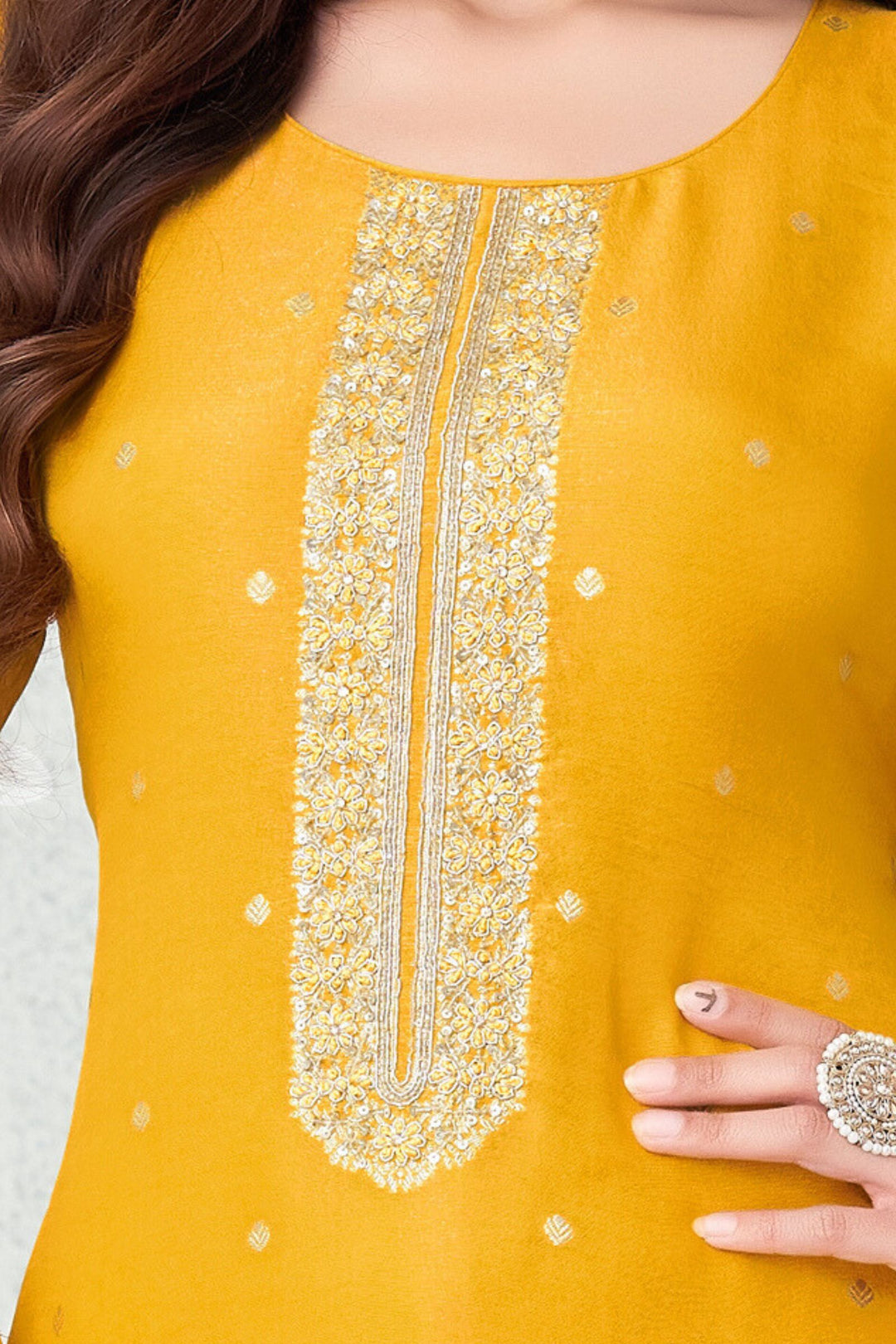 Yellow Banaras, Zari, Beads, Sequins and Thread work Straight Cut Salwar Suit