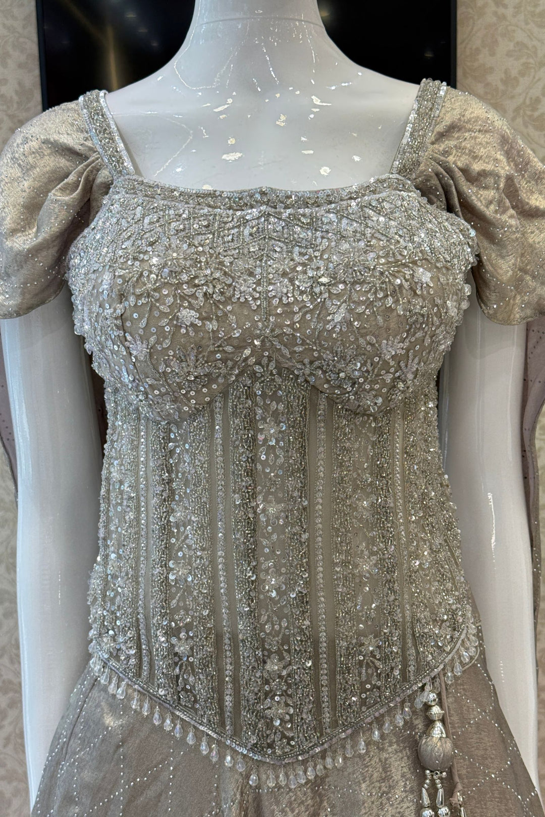 Grey Beads, Sequins and Thread work Indo-Western Styled Lehenga