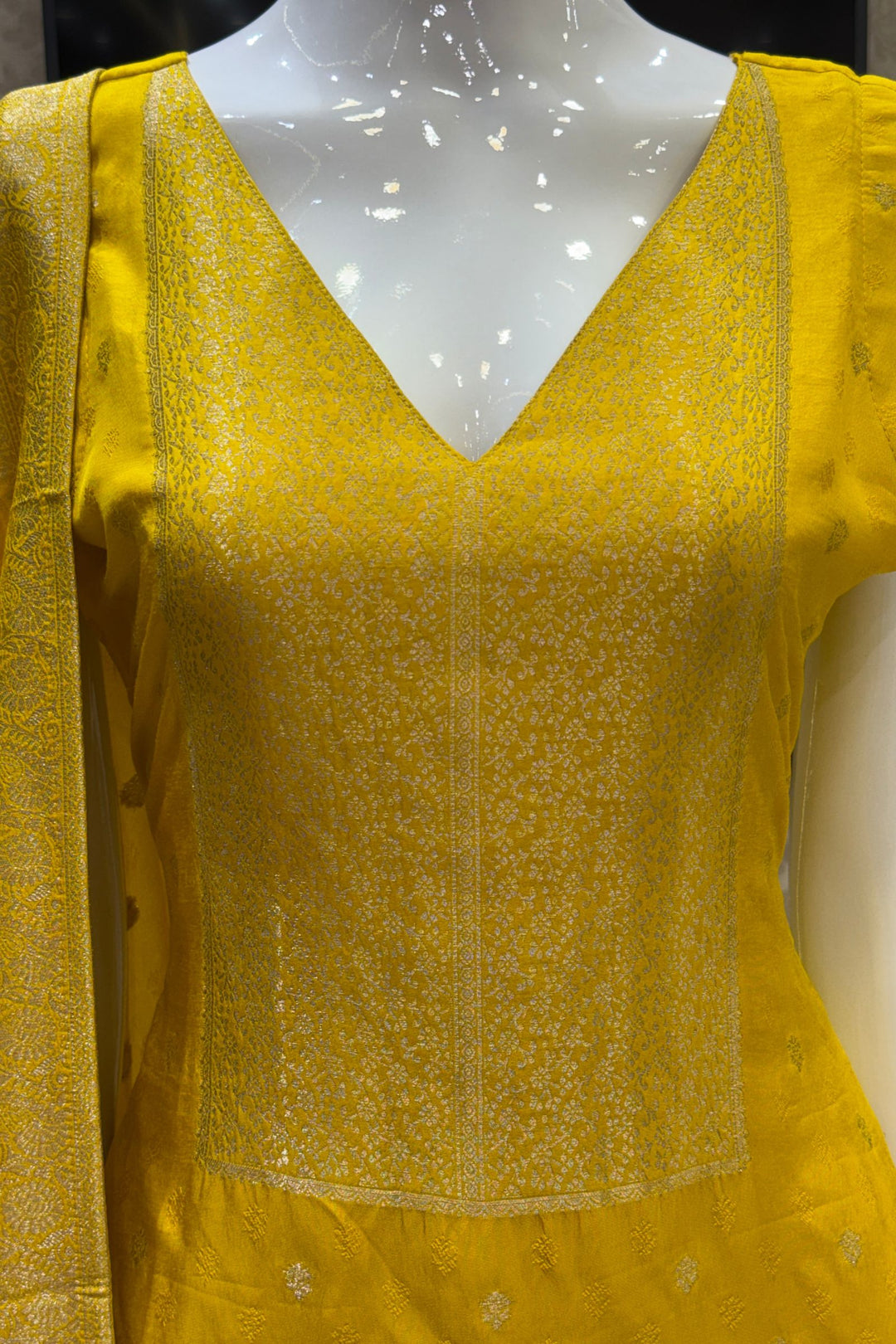 Yellow Banaras work V-Neck Straight Cut Salwar Suit