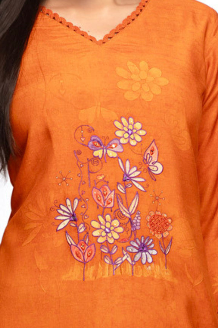 Orange Zari and Thread work with Floral Print Calf Length Kurti