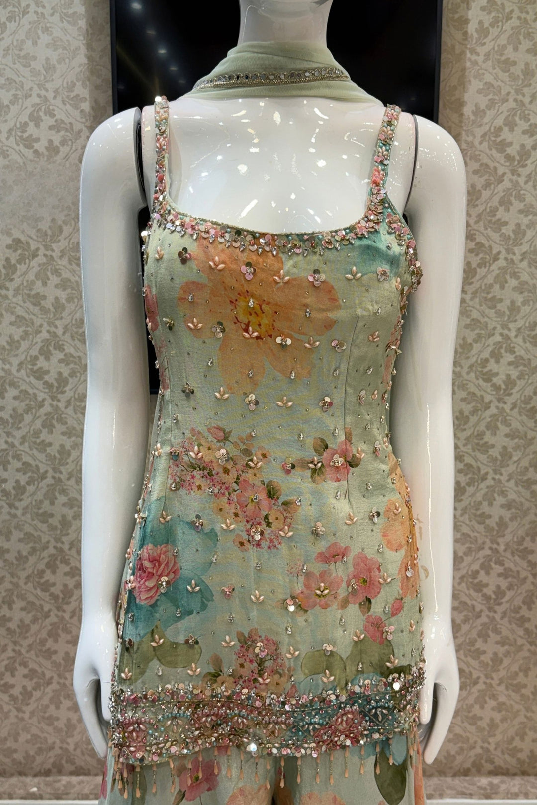 Sea Green Stone, Beads and Kundan work with Floral Print Palazzo Salwar Suit