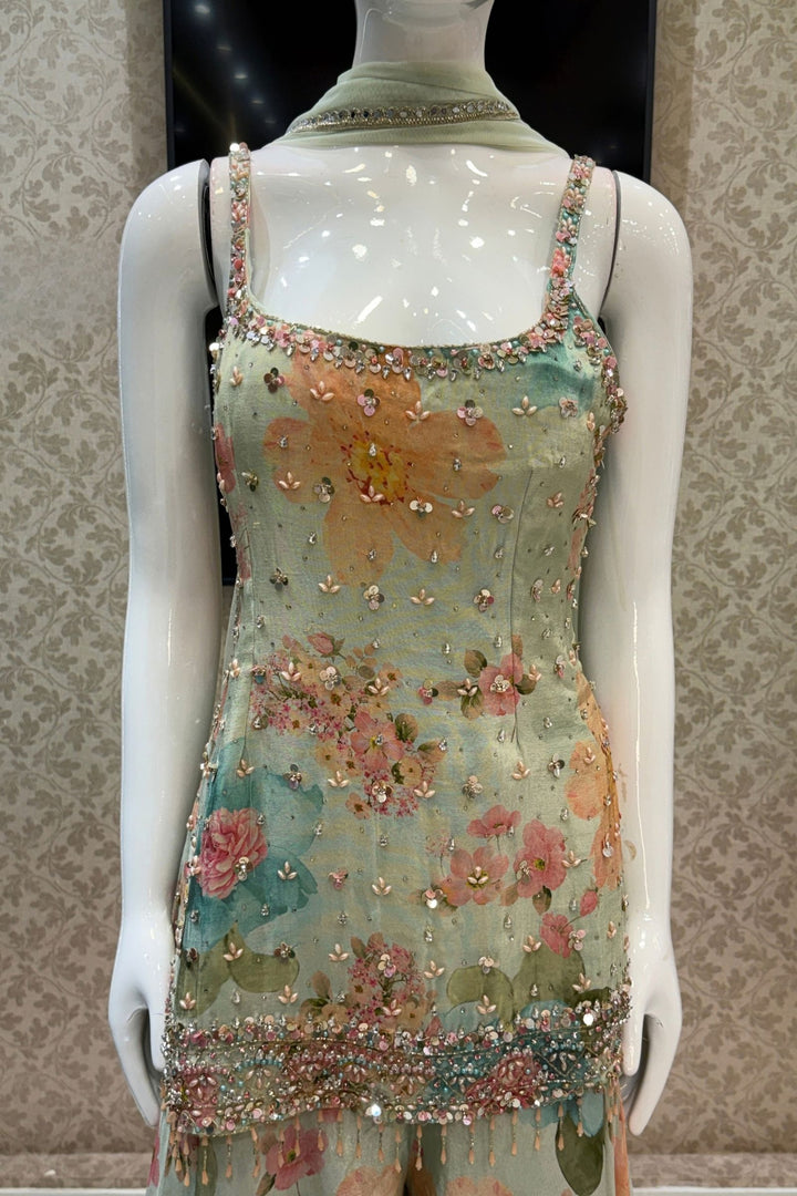 Sea Green Stone, Beads and Kundan work with Floral Print Palazzo Salwar Suit