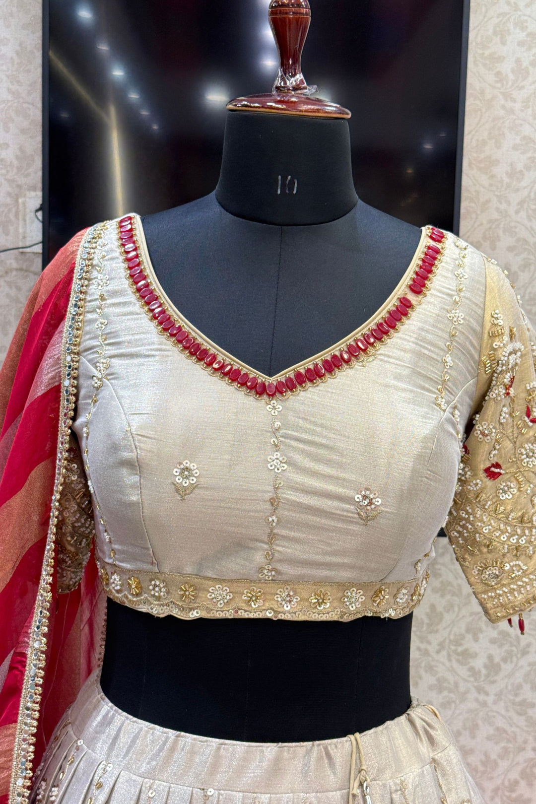 Beige and Gold Embellished Lehenga Set with Contrast Maroon Dupatta