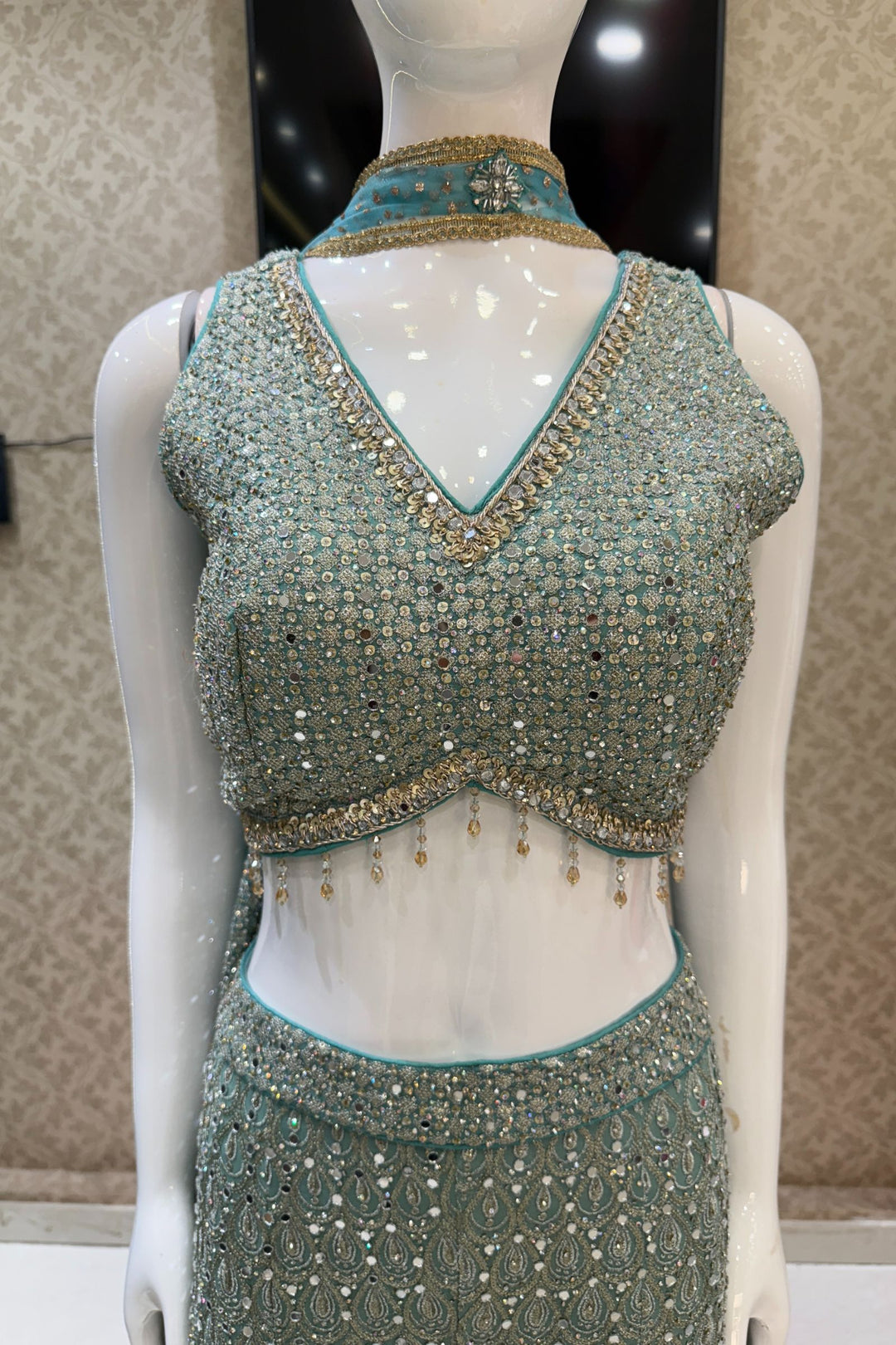 Sea Green with Peacock Green Sequins and Beads work Crop Top with Palazzo Pant