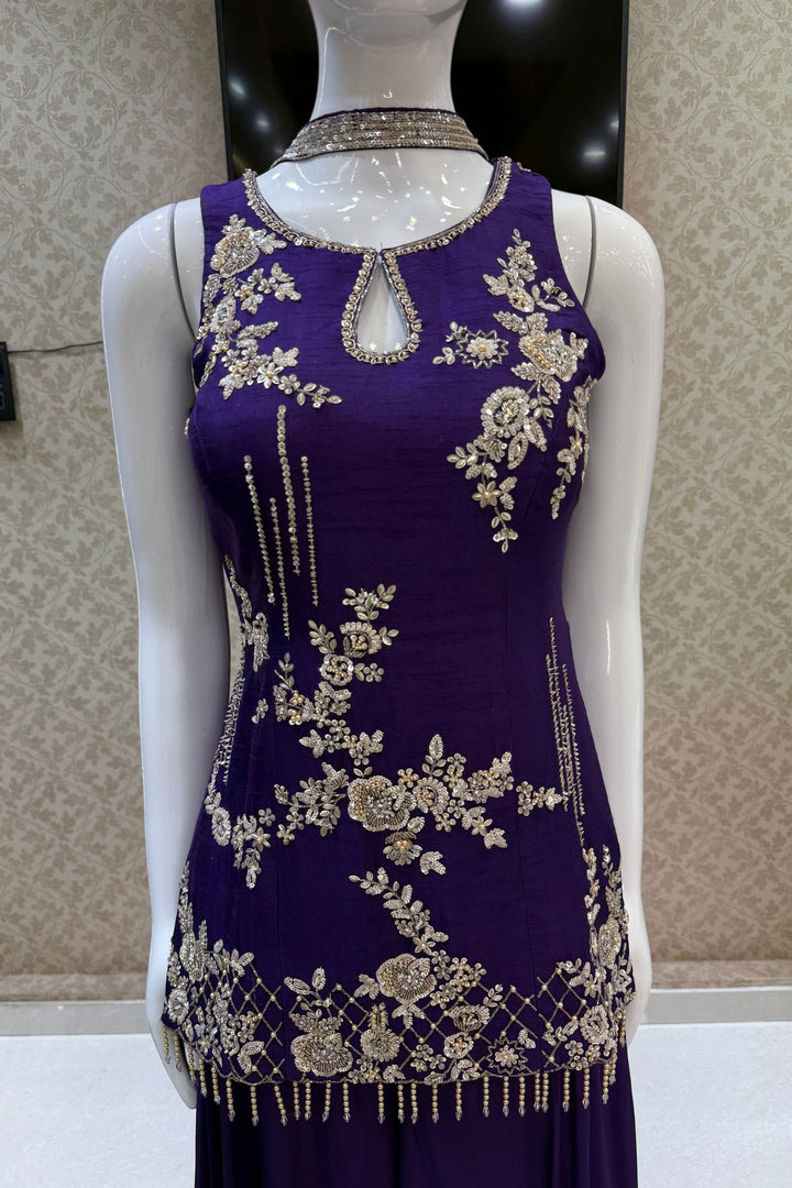 Purple Zardozi, Stone, Beads, Sequins and Pearl work Palazzo Salwar Suit