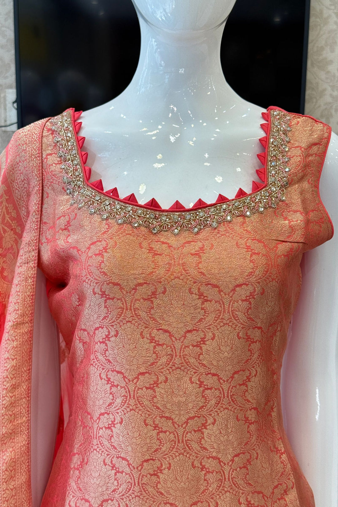 Peach Beads, Mirror, Stone, Banaras and Brocade work Straight Cut Salwar Suit