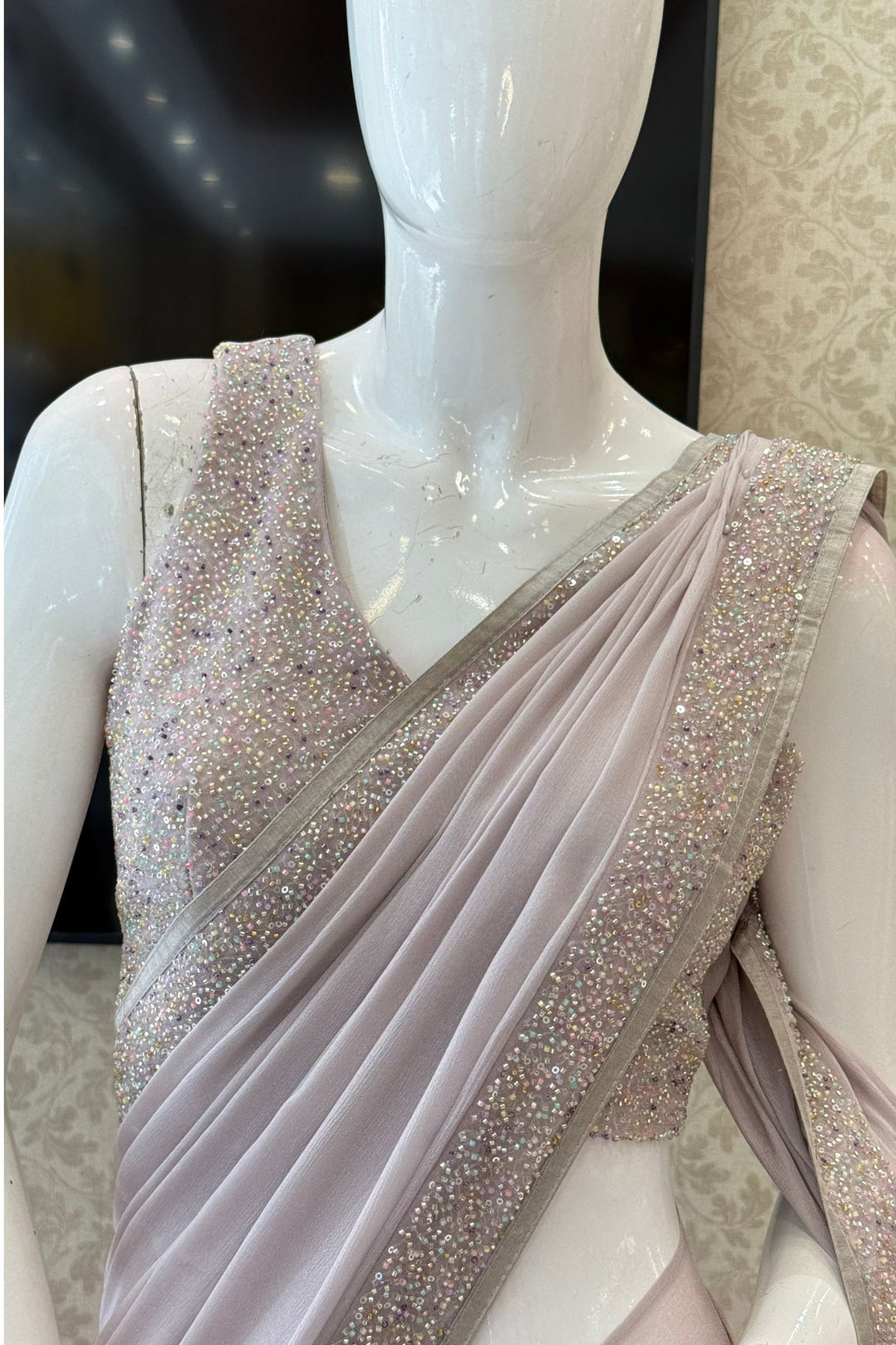 Light Grey Sequins and Beads work Saree