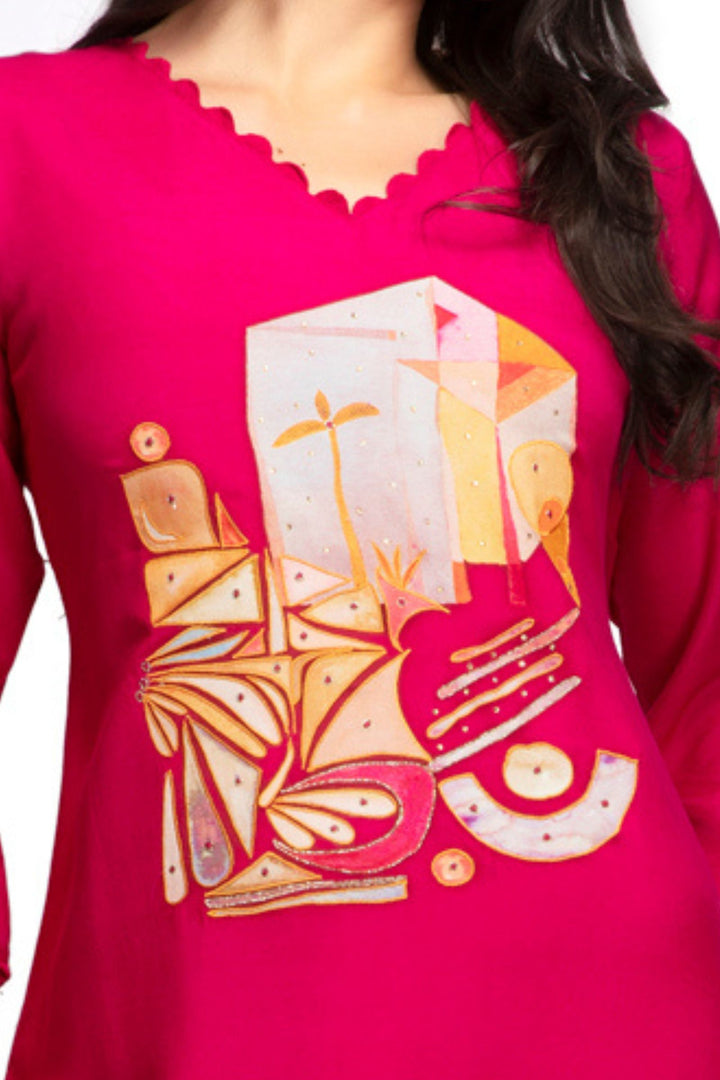 Pink Stone, Zari and Thread work with Digital Print Calf Length Kurti