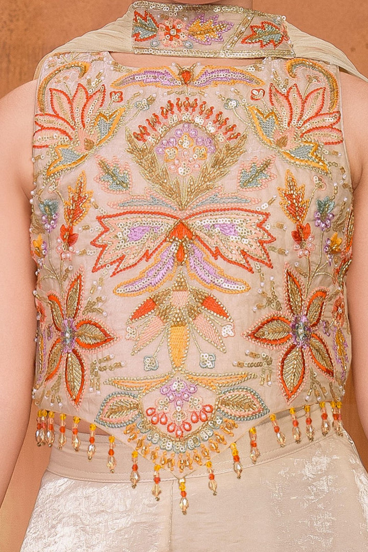 Beige Pearl, Sequins, Beads and Multicolor Embroidery work Palazzo Suit Set for Girls