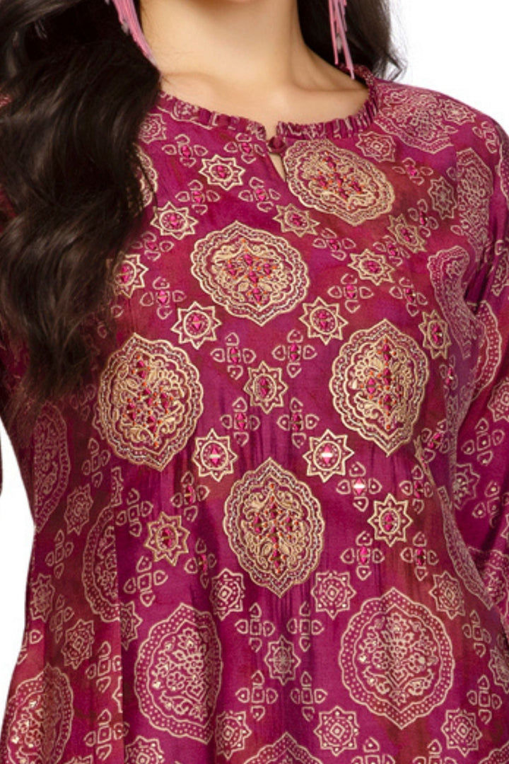 Purple Mirror and Thread work with Digital Print A-Line Cut Calf Length Kurti