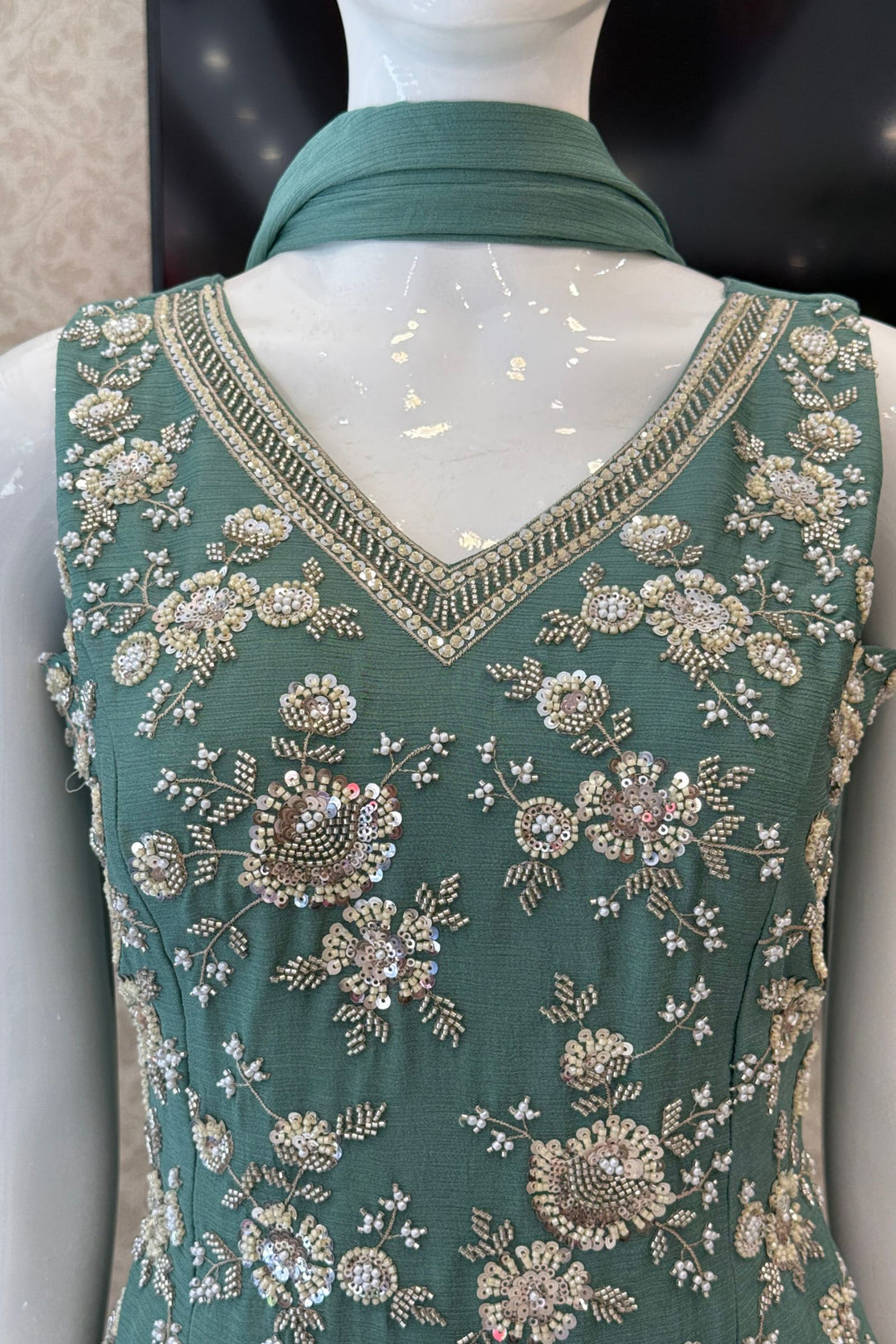 Sea Green Beads, Zari and Sequins work Palazzo Salwar Suit