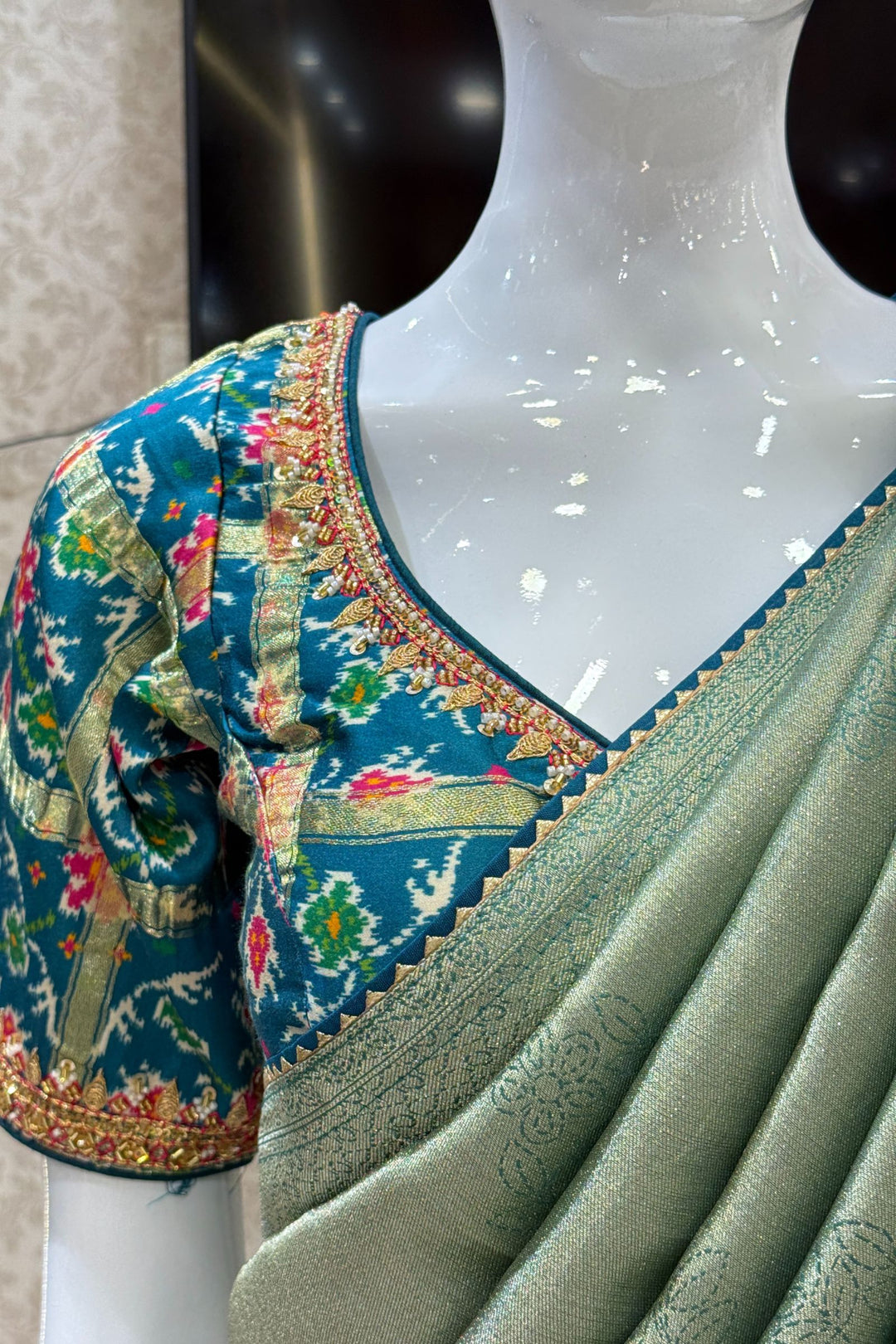 Sea Green Saree with Peacock Blue Beads, Zari and Sequins work with Pochampally Print Blouse