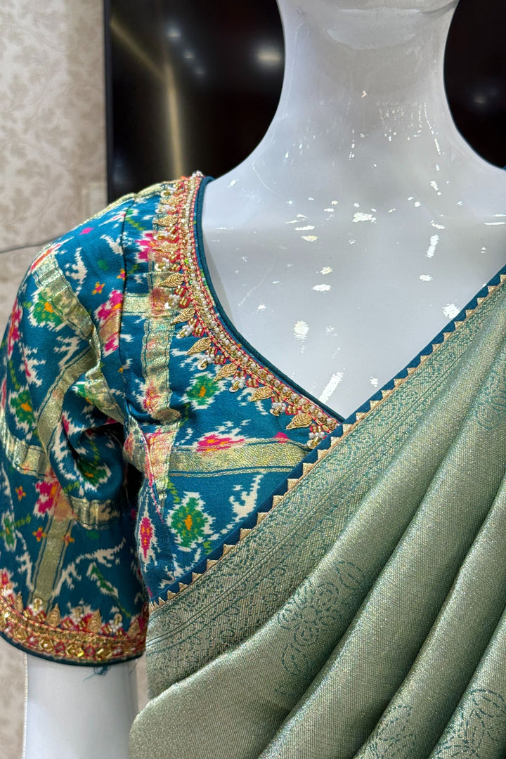 Sea Green Saree with Peacock Blue Beads, Zari and Sequins work with Pochampally Print Blouse