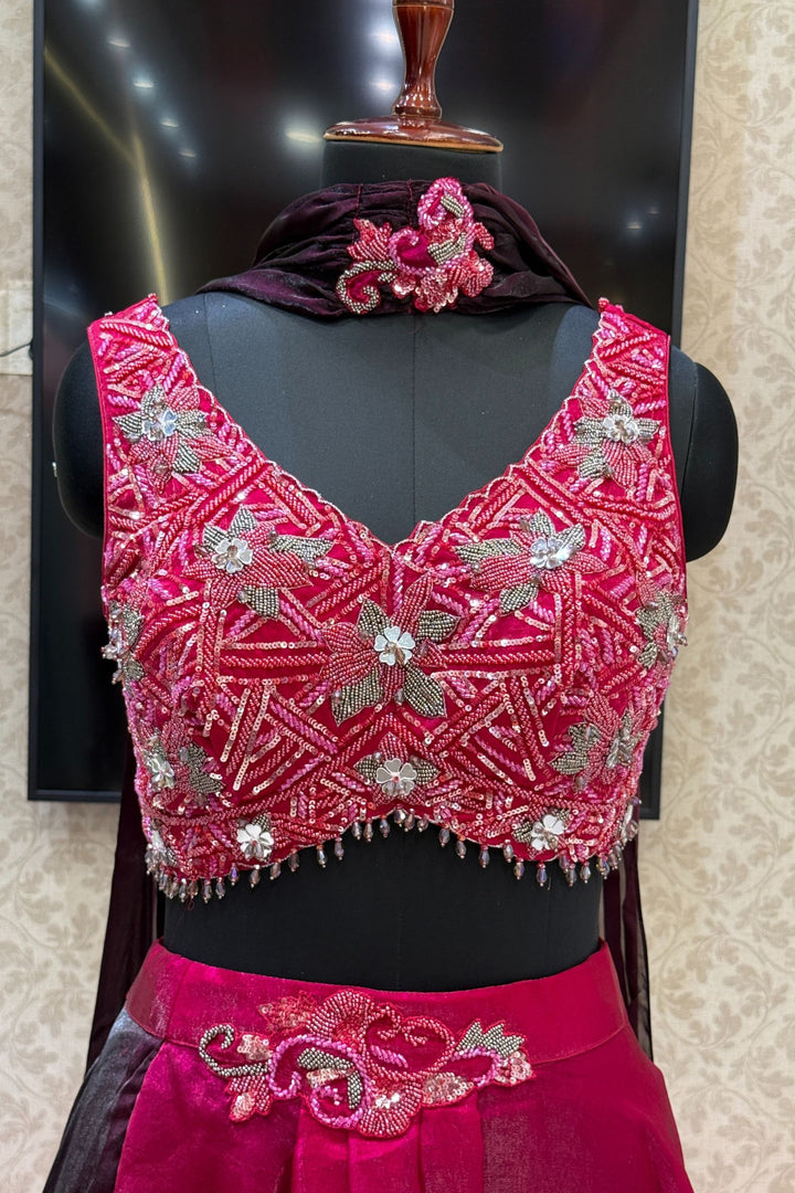 Magenta Mirror, Beads and Sequins work Crop Top Lehenga