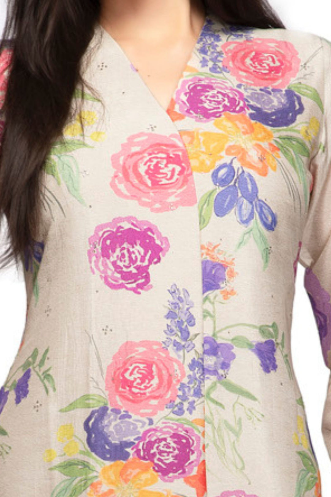 Beige Stone work with Multicolor Digital Print A-line Cut Calf Length Kurti