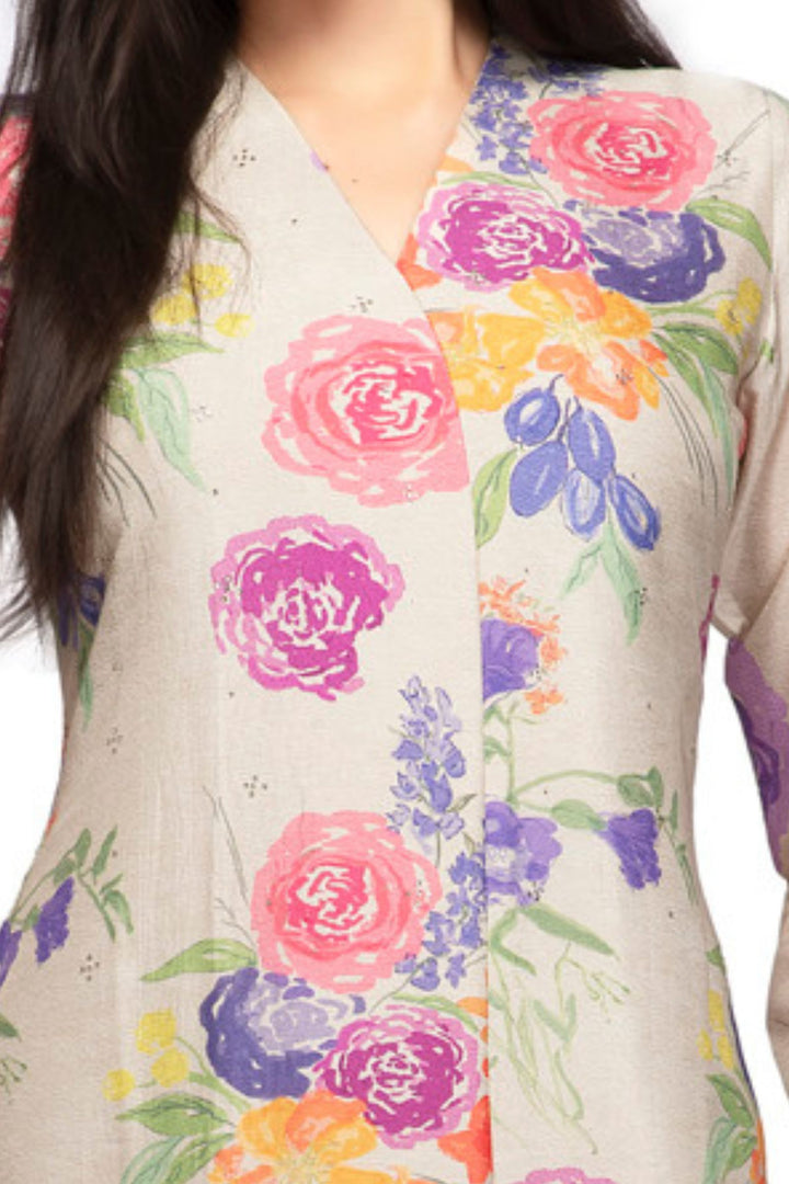 Beige Stone work with Multicolor Digital Print A-line Cut Calf Length Kurti