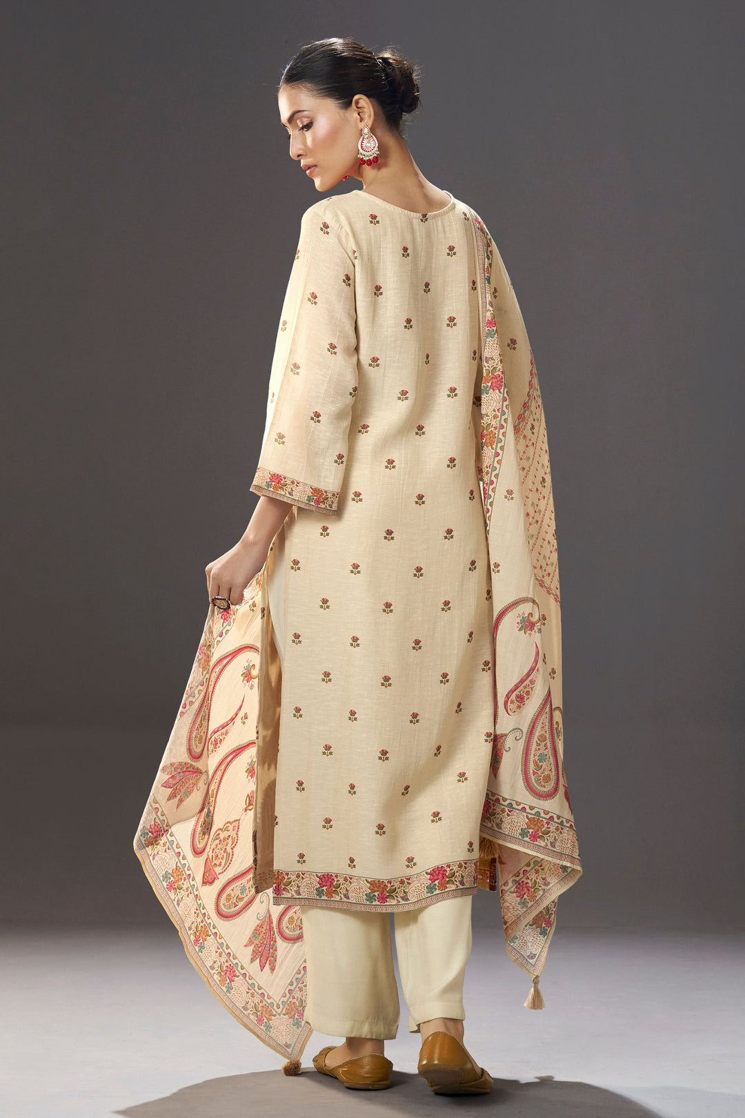 Beige Beads and Multicolor Banaras work Straight Cut Salwar Suit
