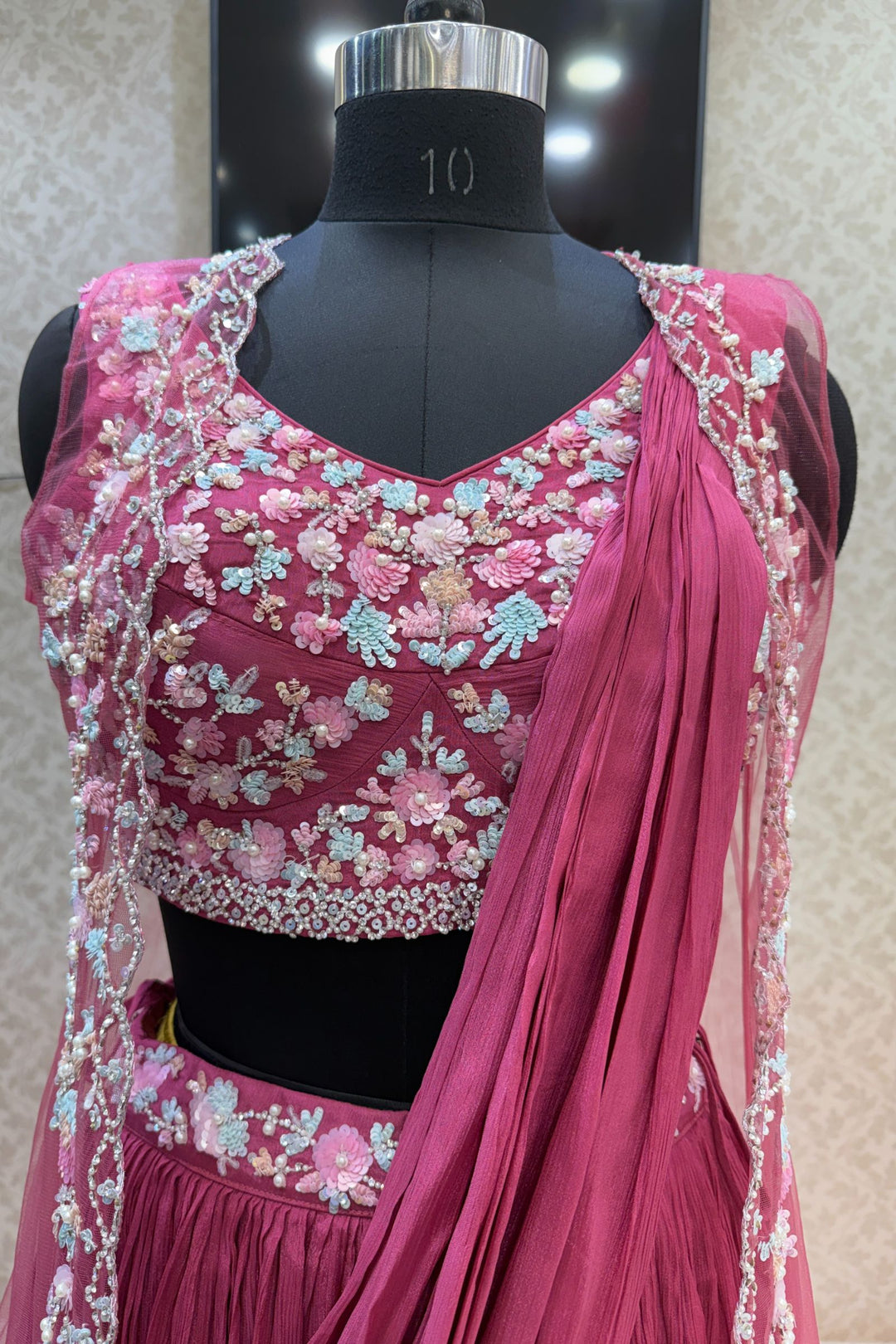 Onion Pink Sequins, Stone and Pearl work Indo-Western Styled Crop Top Lehenga  with Overcoat