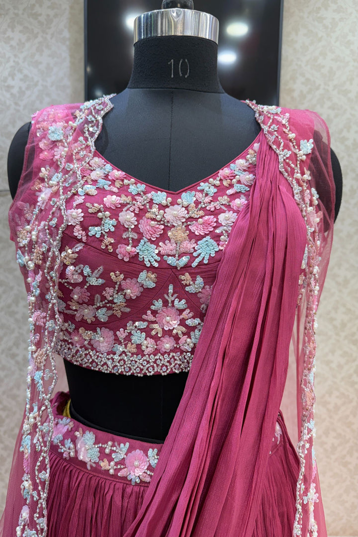 Onion Pink Sequins, Stone and Pearl work Indo-Western Styled Crop Top Lehenga  with Overcoat